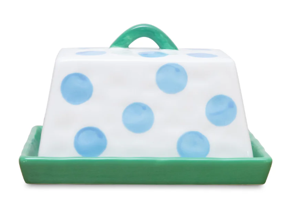 Butter dish - green with aqua spots