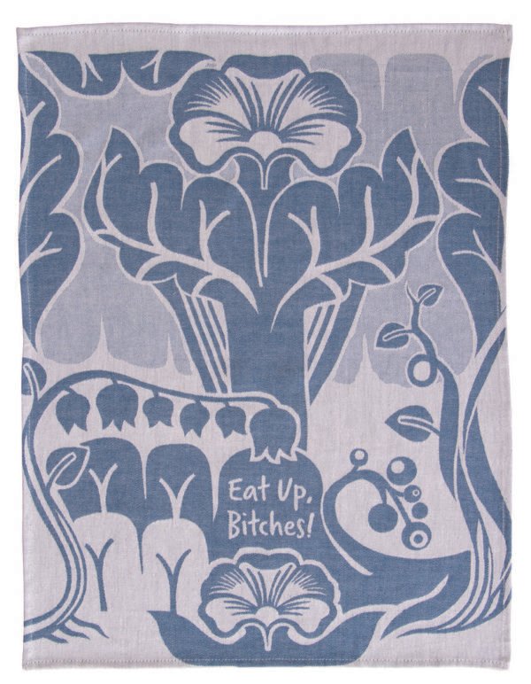 tea towel design in blue - floral abstract design with text "eat up bitches"