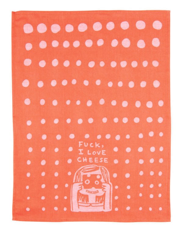 tea towel design, orange background with baby pink design, a cartoon girl with a cheese slice over her face and the text "Fuck, I love cheese" with a dot background