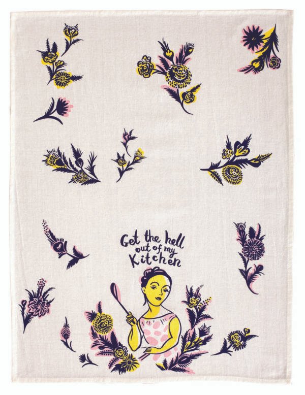 teatowel design with woman and the words "get the hell out of my kitchen"