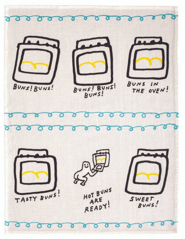 tea towel design of ovens & a cartoon figure with buttocks visible and the words "hot buns are ready"