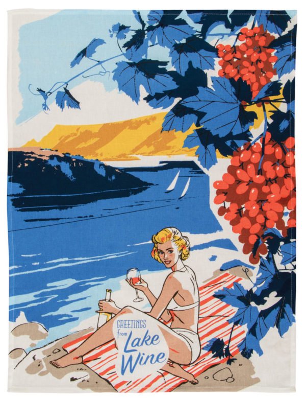 tea towel design - woman in bikini sipping wine at a lake with the text "welcome to lake wine"