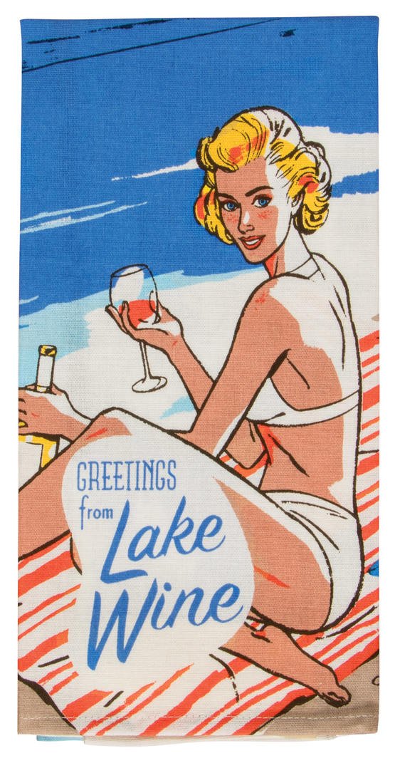 tea towel design close up - woman in bikini sipping wine at a lake with the text "welcome to lake wine"