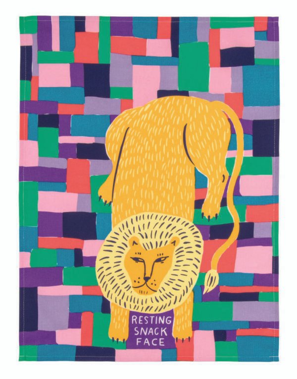 tea towel design - lion cartoon with the text "resting snack face" and neon geometric design in the background