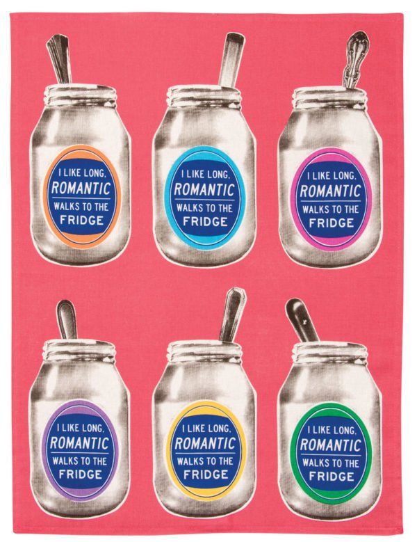 tea towel design - mayonnaise jar with text "I like long romantic walks to the fridge"