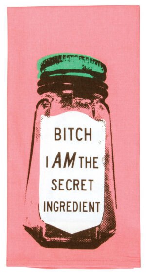 close up of tea towel design of salt shakers in a pop art style and the text "bitch I am the secret ingredient"